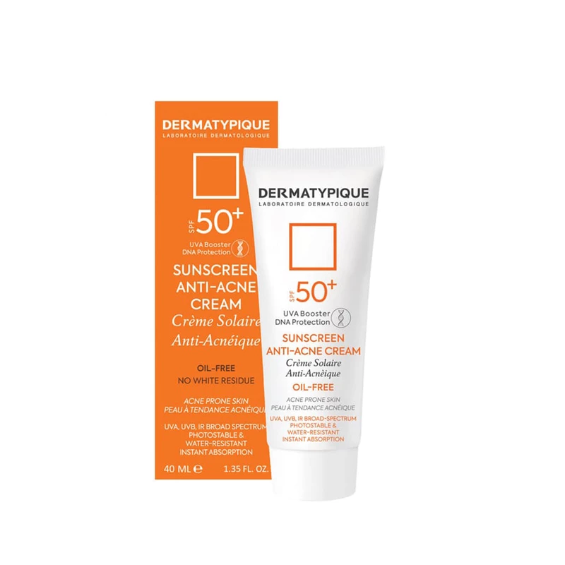 کرم ضد آفتاب بدون رنگ درماتیپیک SPF50 مدل Anti -acne محافظ UVA ،UVB، ضد آب، ضد جوش و آکنه، مناسب پوست‌های چرب و مختلط حجم 40 میلی‌لیتر