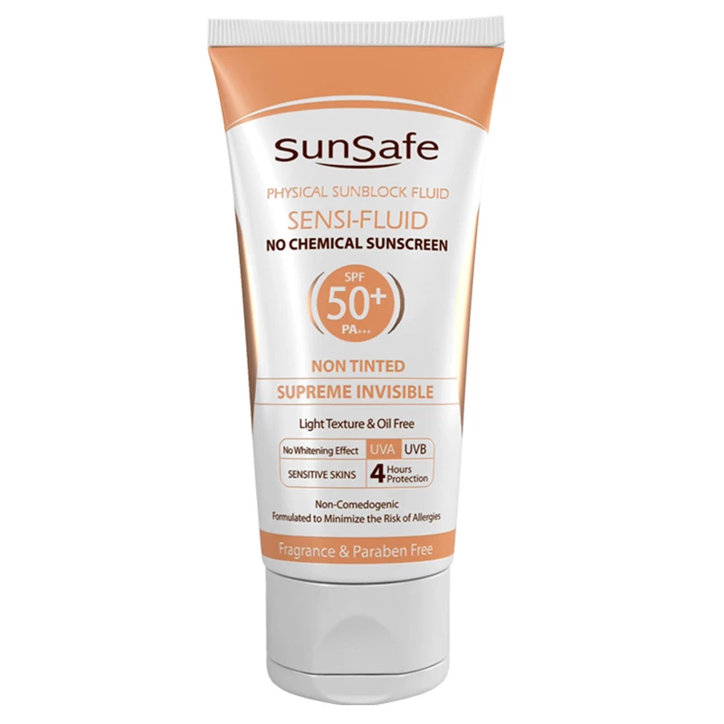 فلوئید ضد آفتاب بدون رنگ سان سیف SPF50 مدل Sensi محافظ UVA ،UVB و +++PA، تنظیم ترشح چربی پوست، مناسب پوست حساس حجم 50 میلی‌لیتر