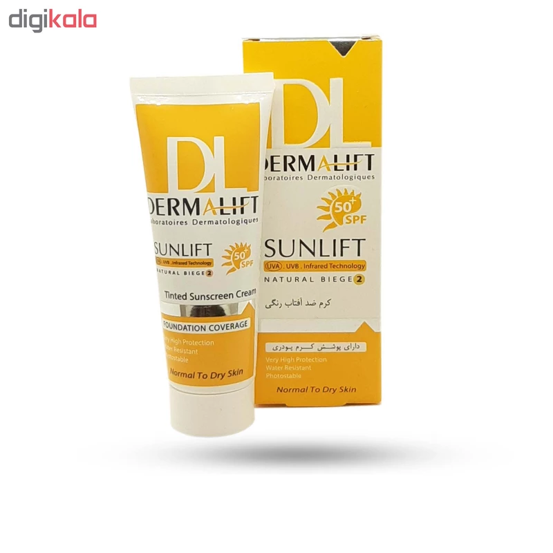 کرم ضد آفتاب رنگی درمالیفت مدل SPF50 محافظ UVA ،UVB، ضد آب، مناسب پوست خشک حجم 40 میلی‌لیتر