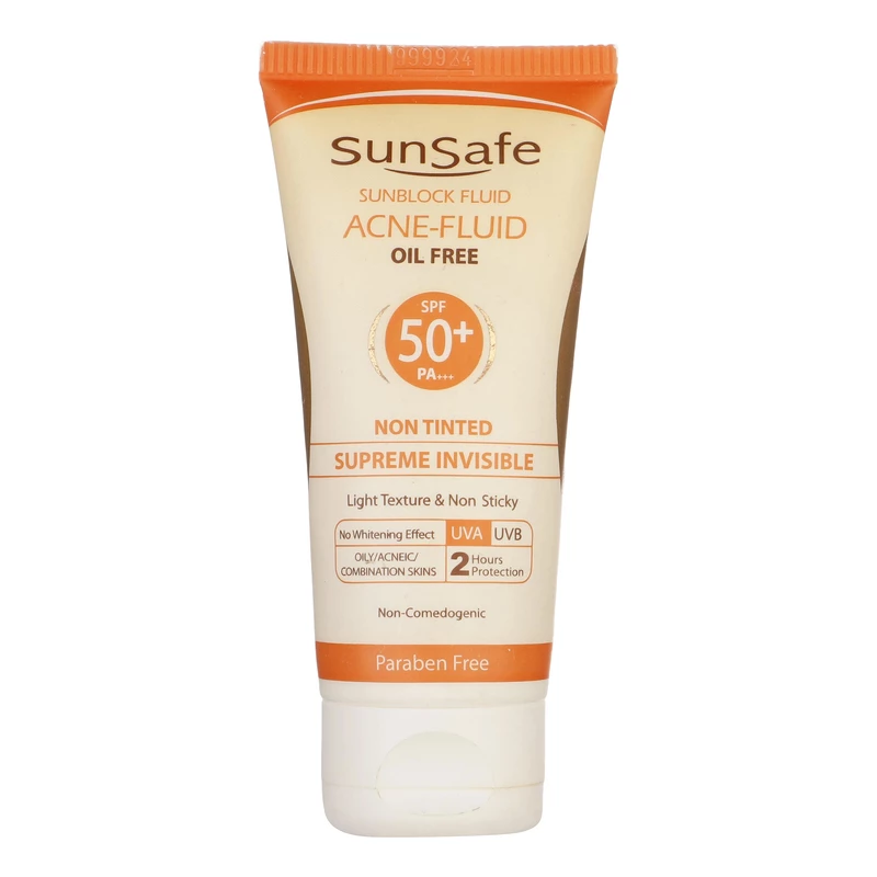 کرم ضد آفتاب بدون رنگ سان سیف SPF50 مدل ACNE-FLUID محافظ UVA ،UVB و +++PA، تنظیم ترشح چربی پوست، ضد جوش و آکنه، ضد آب، ضد حساسیت، مناسب پوست‌‌های آکنه‌ای و چرب حجم 50 میلی‌لیتر